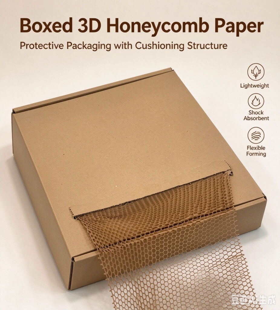 Boxed 3D honeycomb packing paper, kraft brown, eco-friendly cushioning wrap for fragile items