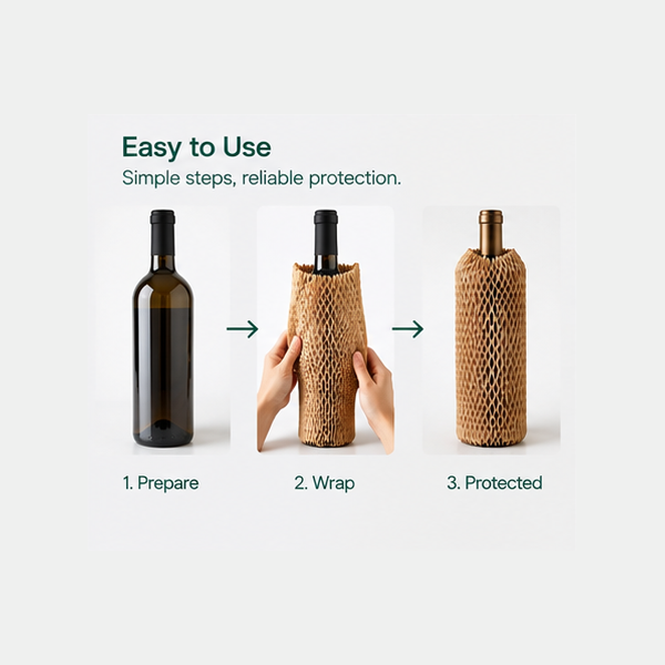 Step-by-step: how to expand and apply the honeycomb paper sleeve.
